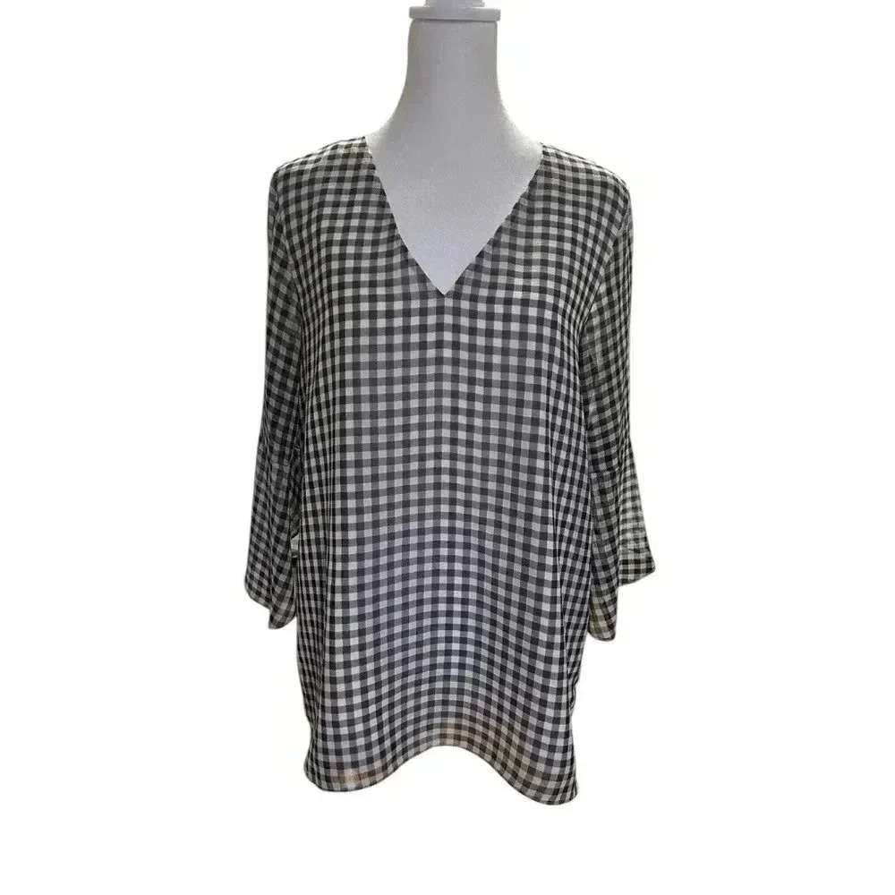 Calvin Klein Size Small Blouse Black‎ Grey White Gingham Sheer 3/4 Sleeve